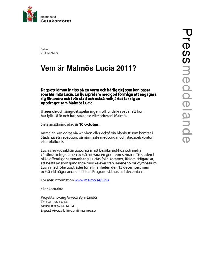 Nu söker Gatukontoret efter Malmös Lucia 2011