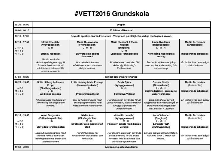 VETT2016 Grundskola, schema