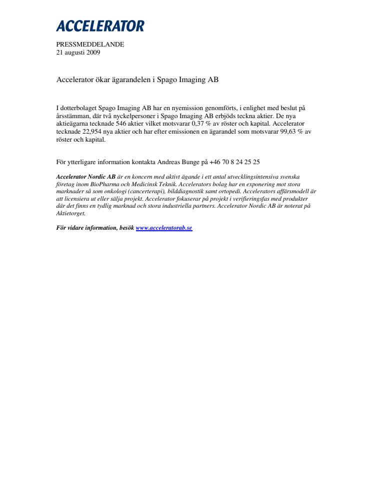 Accelerator ökar ägarandelen i Spago Imaging AB 