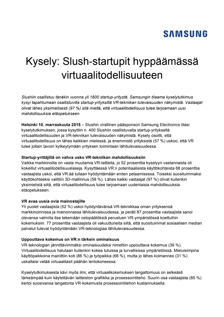 Slush-kysely: Yli puolet startupeista uskoo hyödyntävänsä VR-tekniikkaa lähitulevaisuudessa