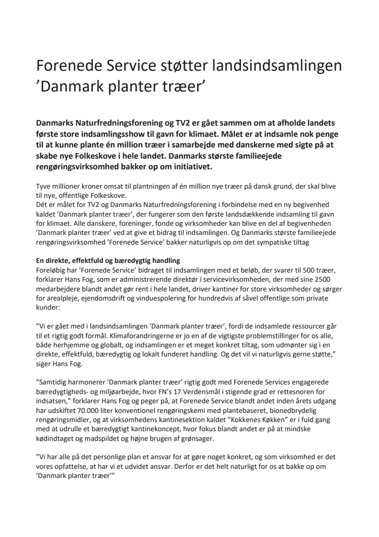 Forenede Service støtter landsindsamlingen ’Danmark planter træer’