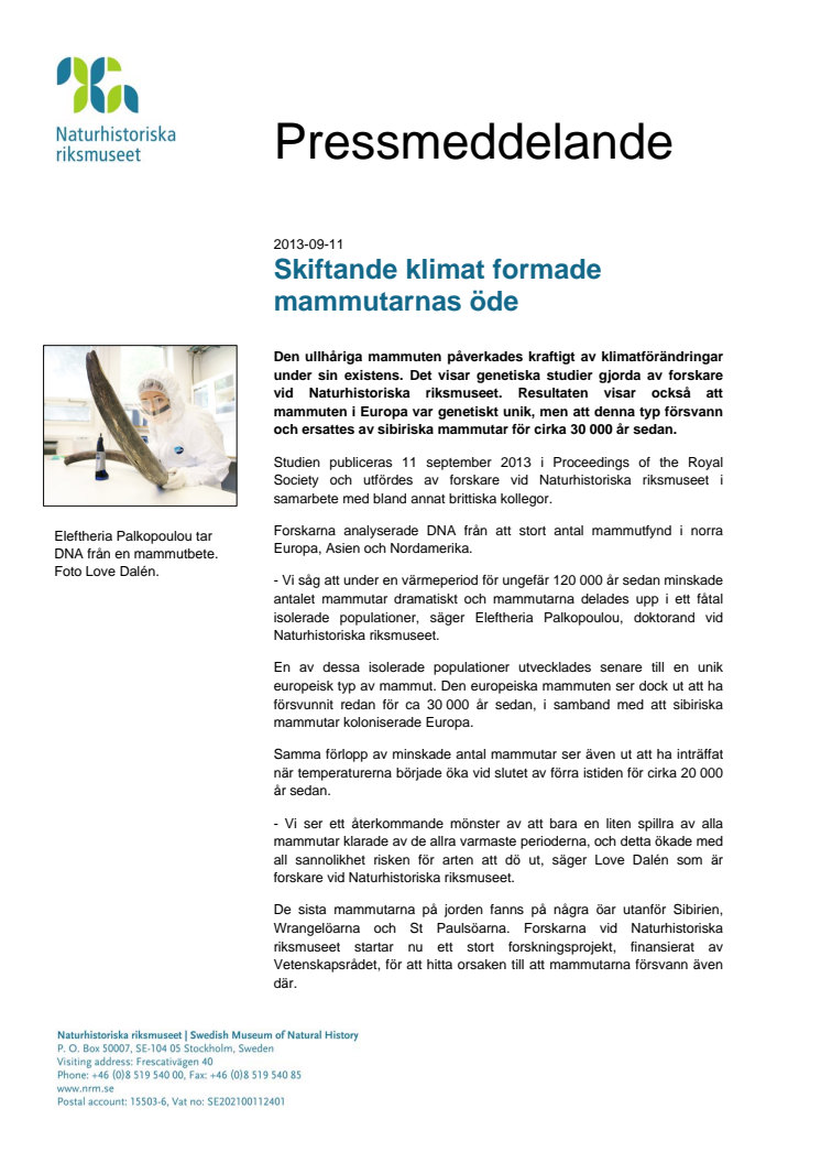 Skiftande klimat formade mammutarnas öde