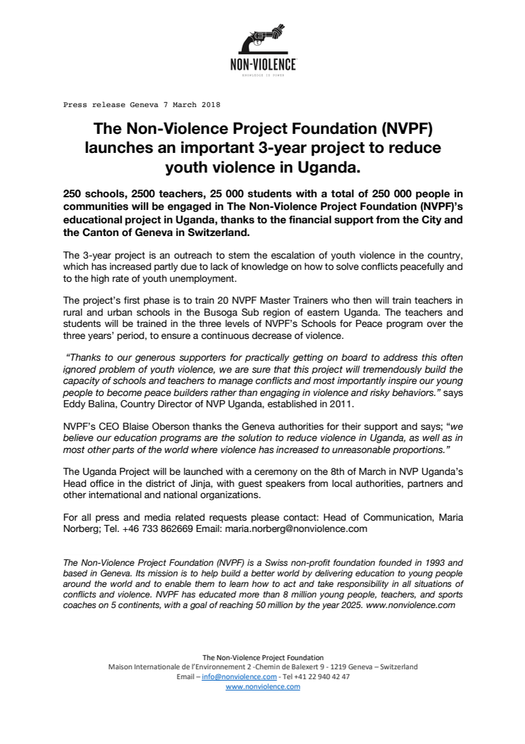 The Non-Violence Project Foundation (NVPF) launches an important 3-year project to reduce youth violence in Uganda.