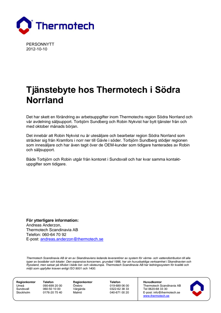 Personnytt - Tjänstebyte hos Thermotech i Södra Norrland