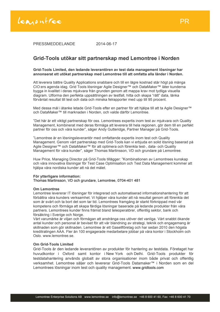 Grid-Tools utökar sitt partnerskap med Lemontree i Norden