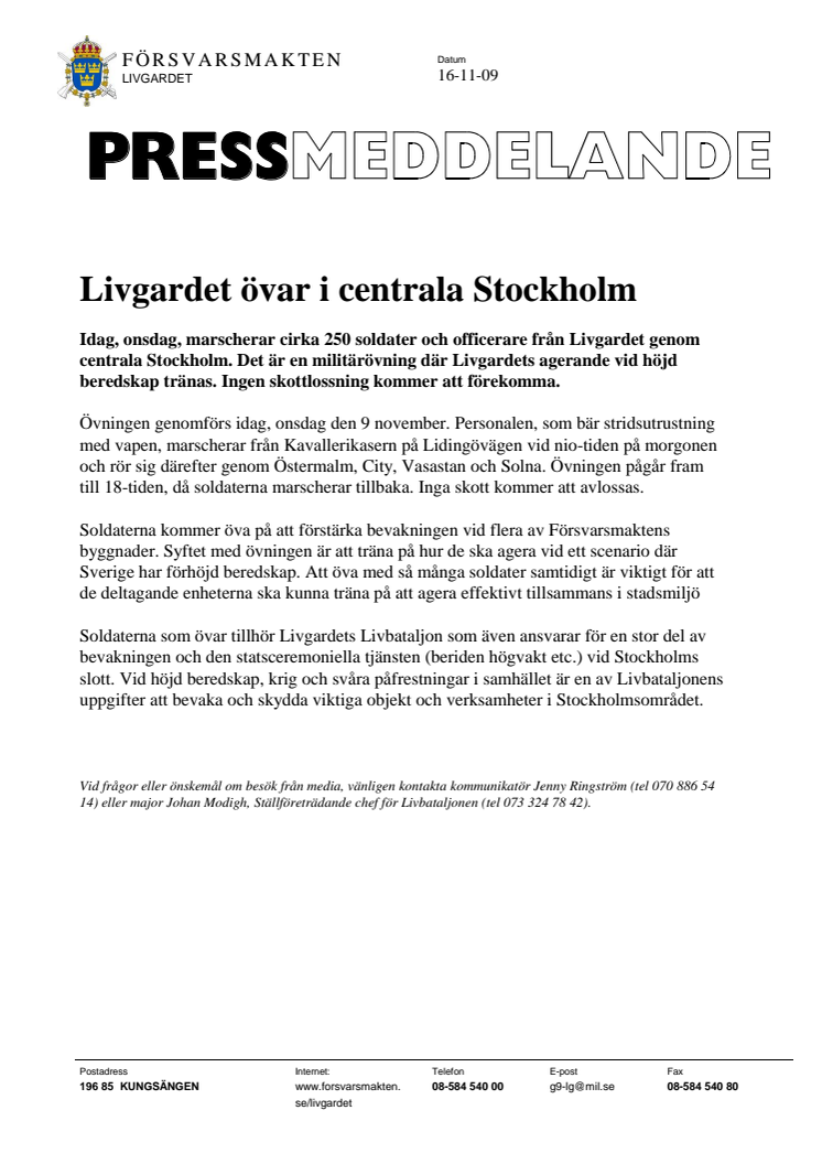 Livgardet övar i Stockholm 9 november