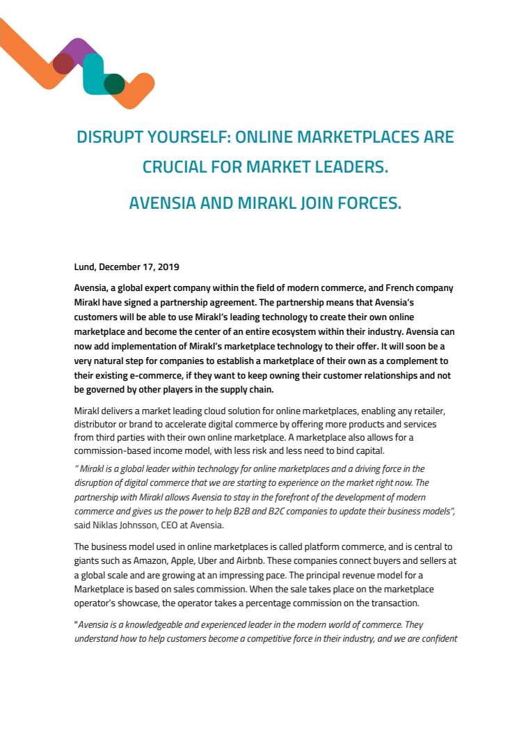 Disrupt yourself: Digitala marknadsplatser är avgörande för marknadsledare. Avensia inleder partnerskap med Mirakl