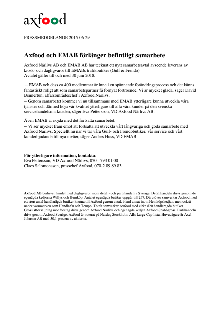 Axfood och EMAB förlänger befintligt samarbete