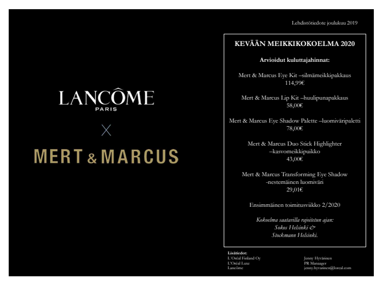 Lancôme lehdistötiedote  Mert&Marcus kevään 2020 meikkikokoelma