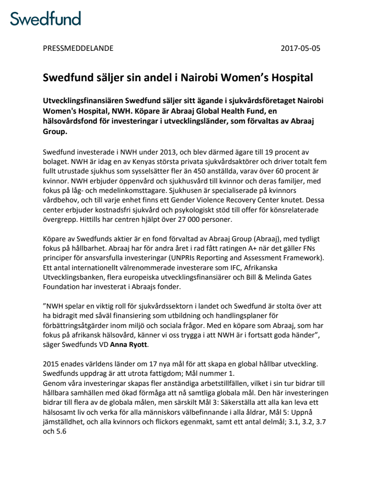 Swedfund säljer sin andel i Nairobi Women’s Hospital