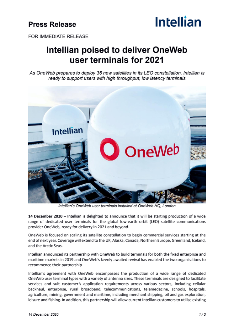 Intellian poised to deliver OneWeb user terminals for 2021