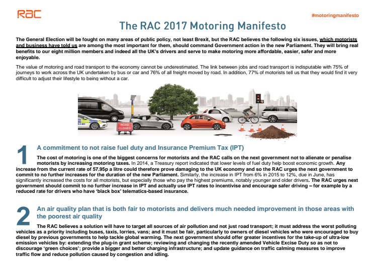 The RAC 2017 Motoring Manifesto - summary
