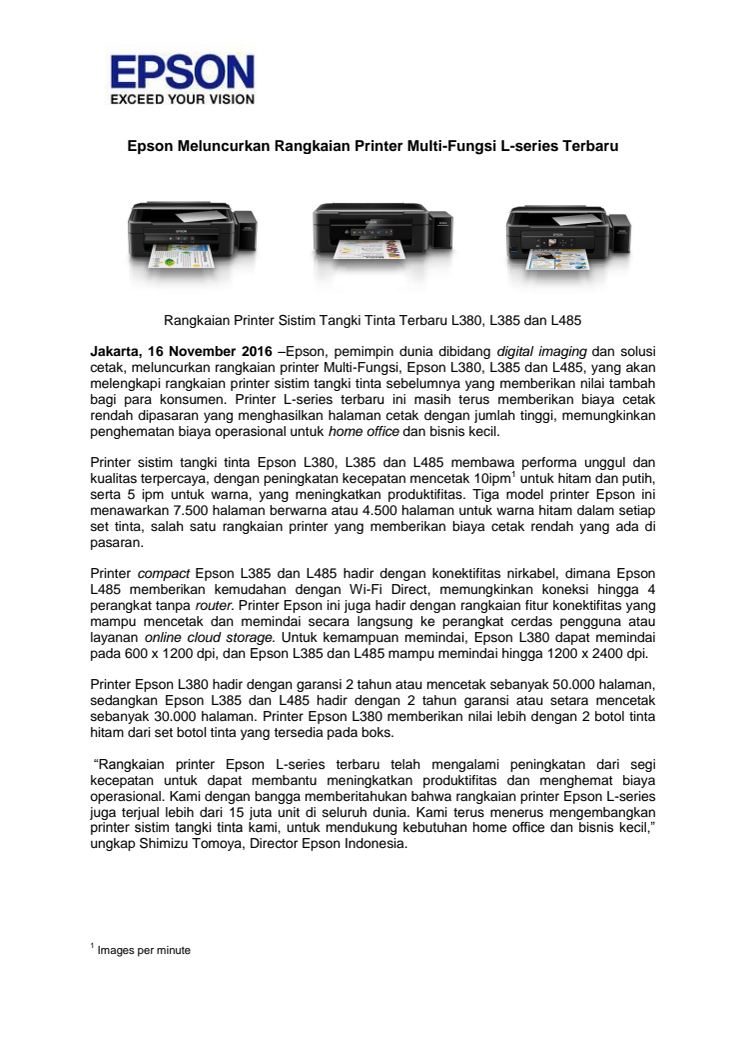 Epson Meluncurkan Rangkaian Printer Multi-Fungsi L-series Terbaru