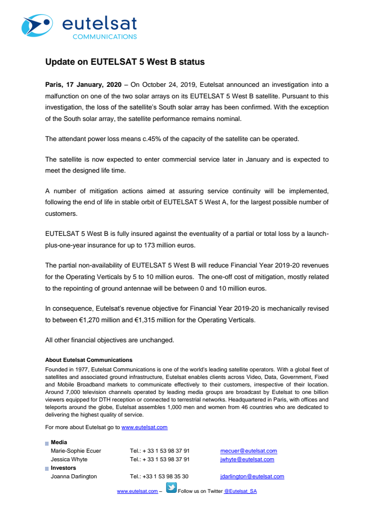 Update on EUTELSAT 5 West B status