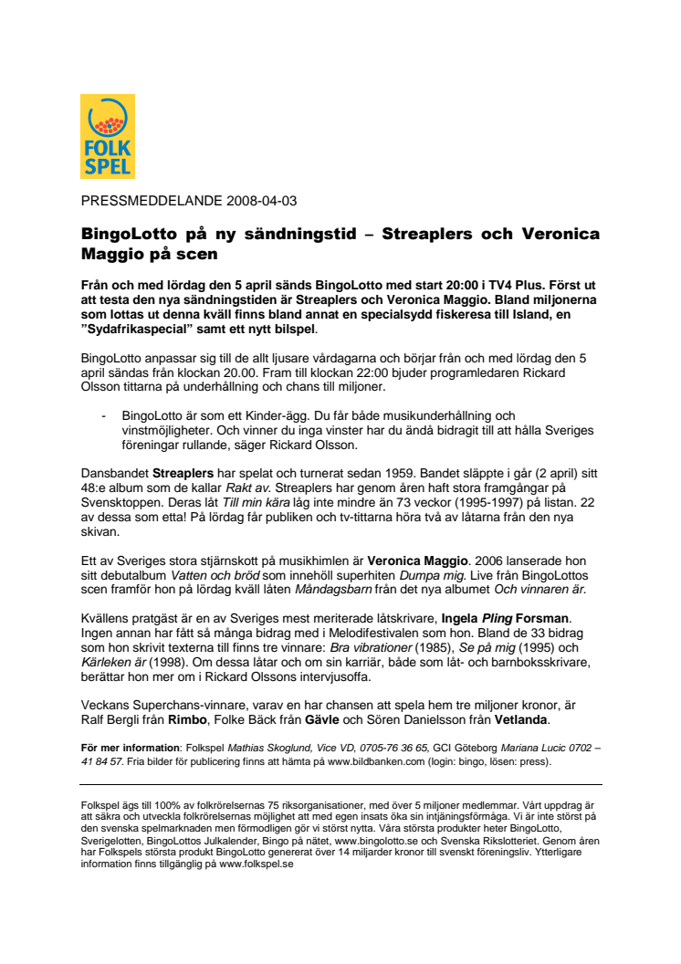 BingoLotto på ny sändningstid – Streaplers och Veronica Maggio på scen