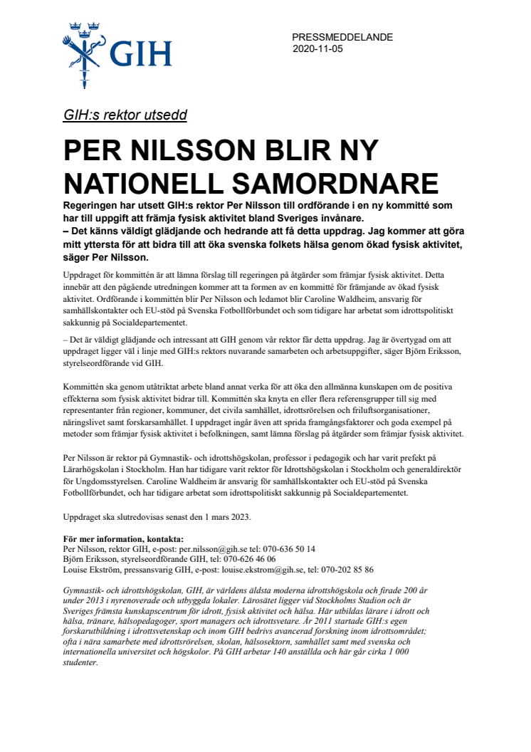 GIH:s rektor Per Nilsson blir ny nationell samordnare