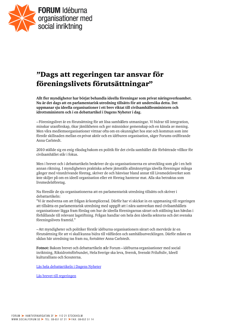 "Dags att regeringen tar ansvar för föreningslivets förutsättningar"