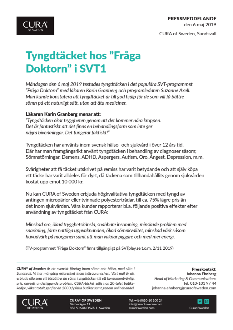 Tyngdtäcket hos ”Fråga  Doktorn” i SVT1