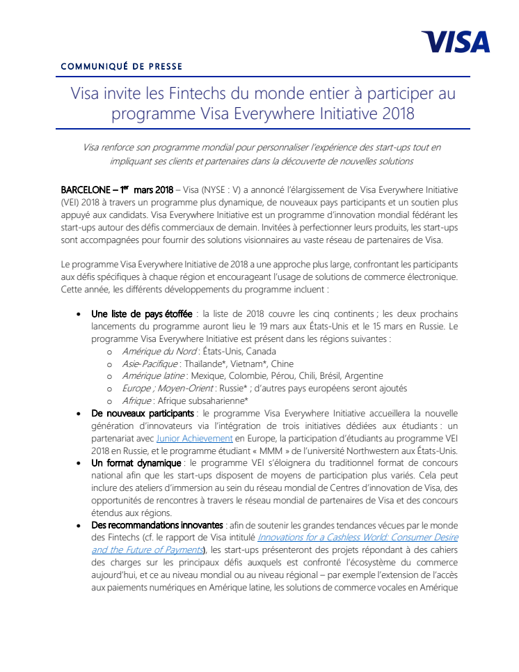 Visa invite les Fintechs du monde entier à participer au programme Visa Everywhere Initiative 2018