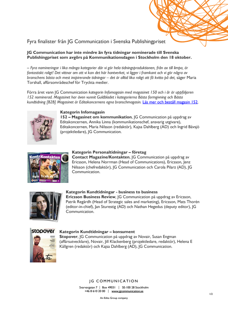Fyra finalister från JG Communication till Svenska Publishingpriset