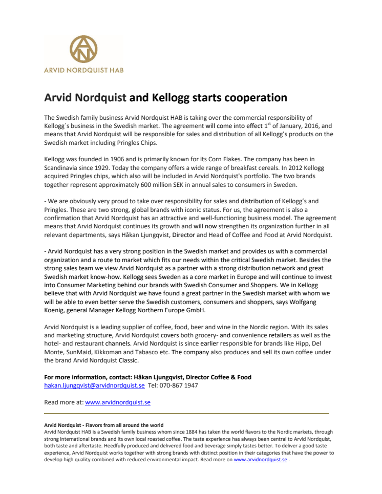 Arvid Nordquist and Kellogg starts cooperation