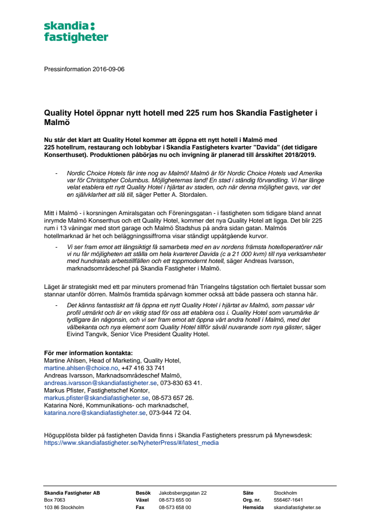 Quality Hotel öppnar nytt hotell med 225 rum hos Skandia Fastigheter i Malmö 