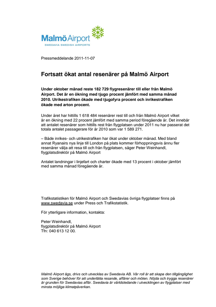 Fortsatt ökat antal resenärer på Malmö Airport