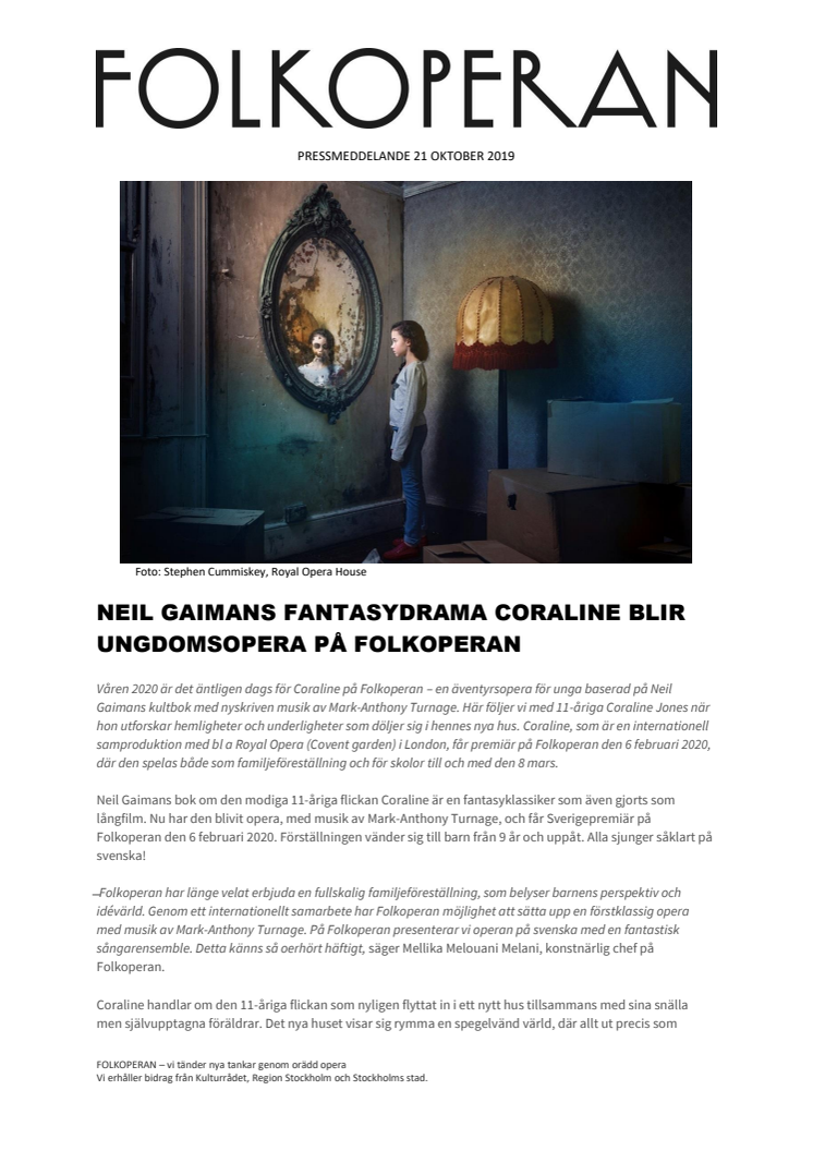 ​NEIL GAIMANS FANTASYDRAMA CORALINE SOM UNGDOMSOPERA PÅ FOLKOPERAN