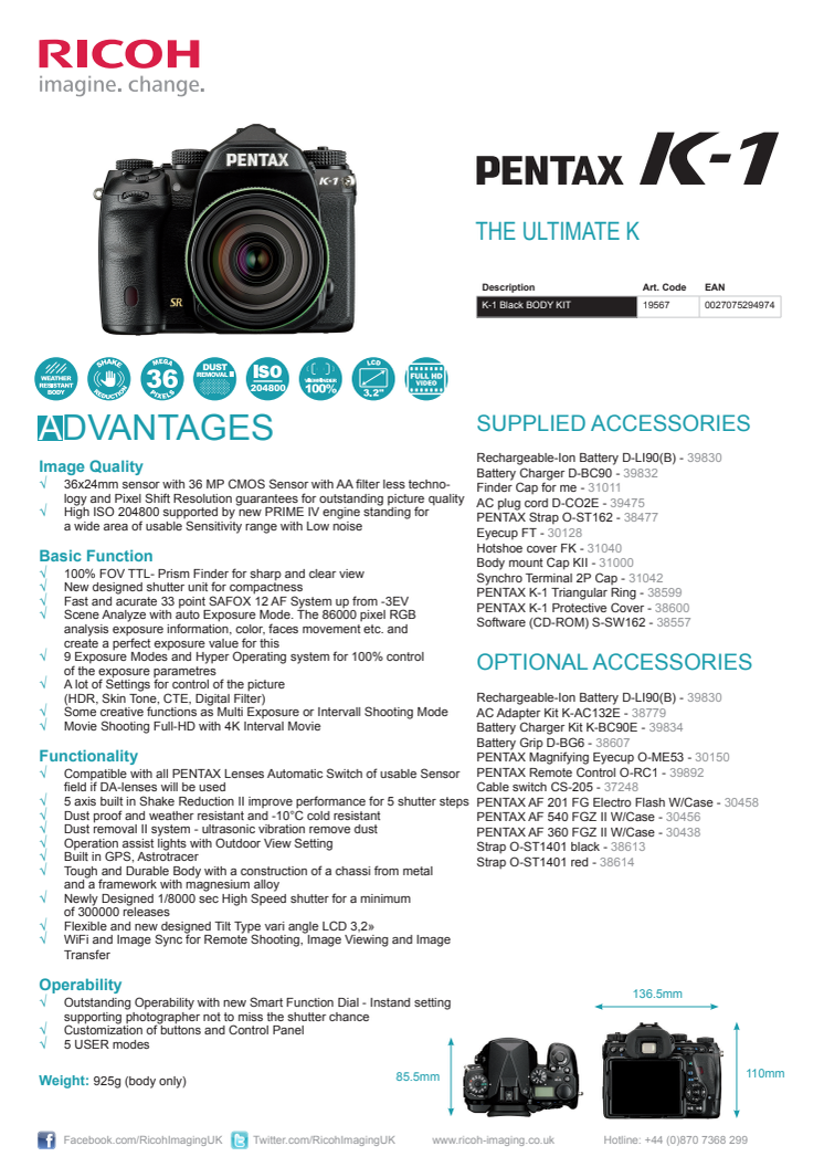 Pentax K-1, datablad ENG
