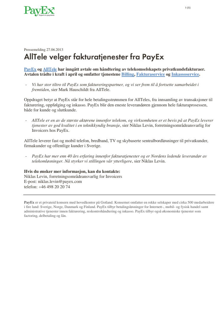 AllTele velger fakturatjenester fra PayEx