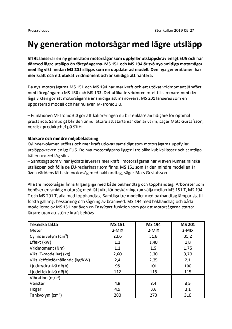 Ny generation motorsågar med lägre utsläpp