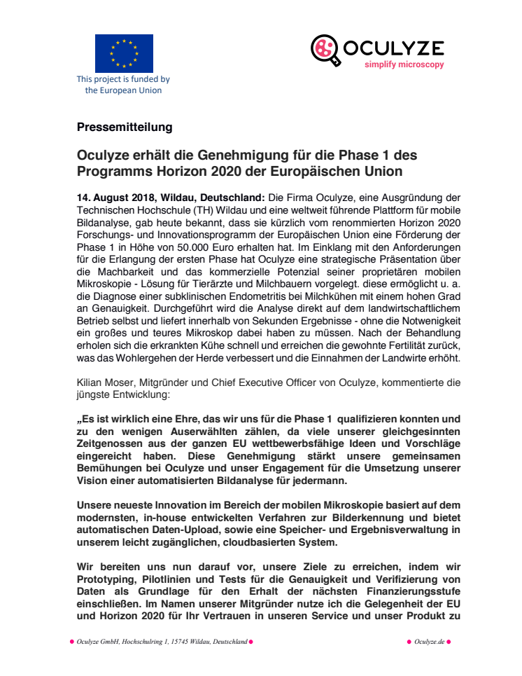 Oculyze erhält die Genehmigung für die Phase 1 des Programms Horizon 2020 der Europäischen Union