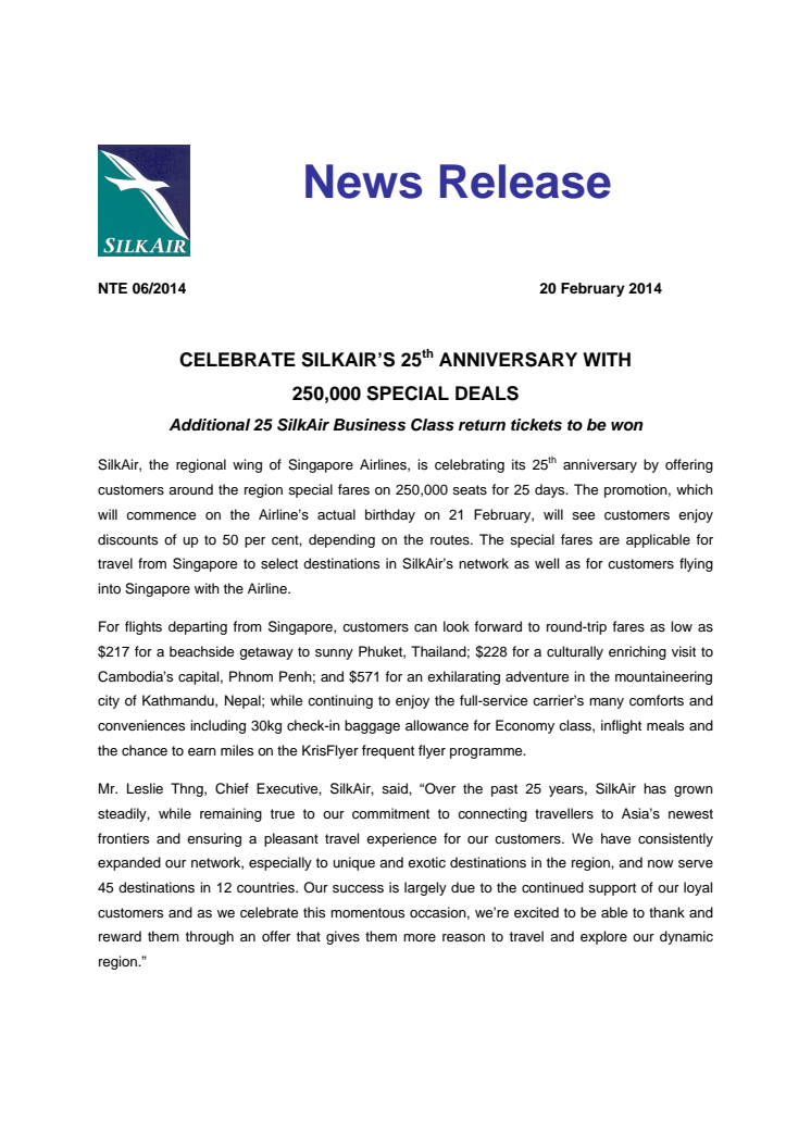 Celebrate SilkAir's 25th Anniversary With 250,000 Special Deals 