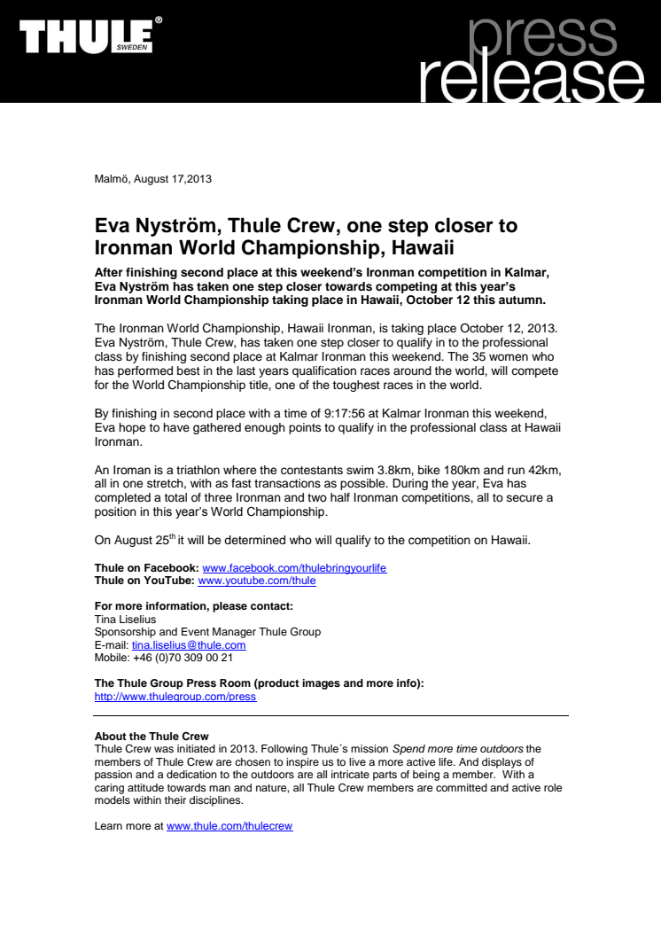 Eva Nyström, Thule Crew, one step closer to Ironman World Championship, Hawaii