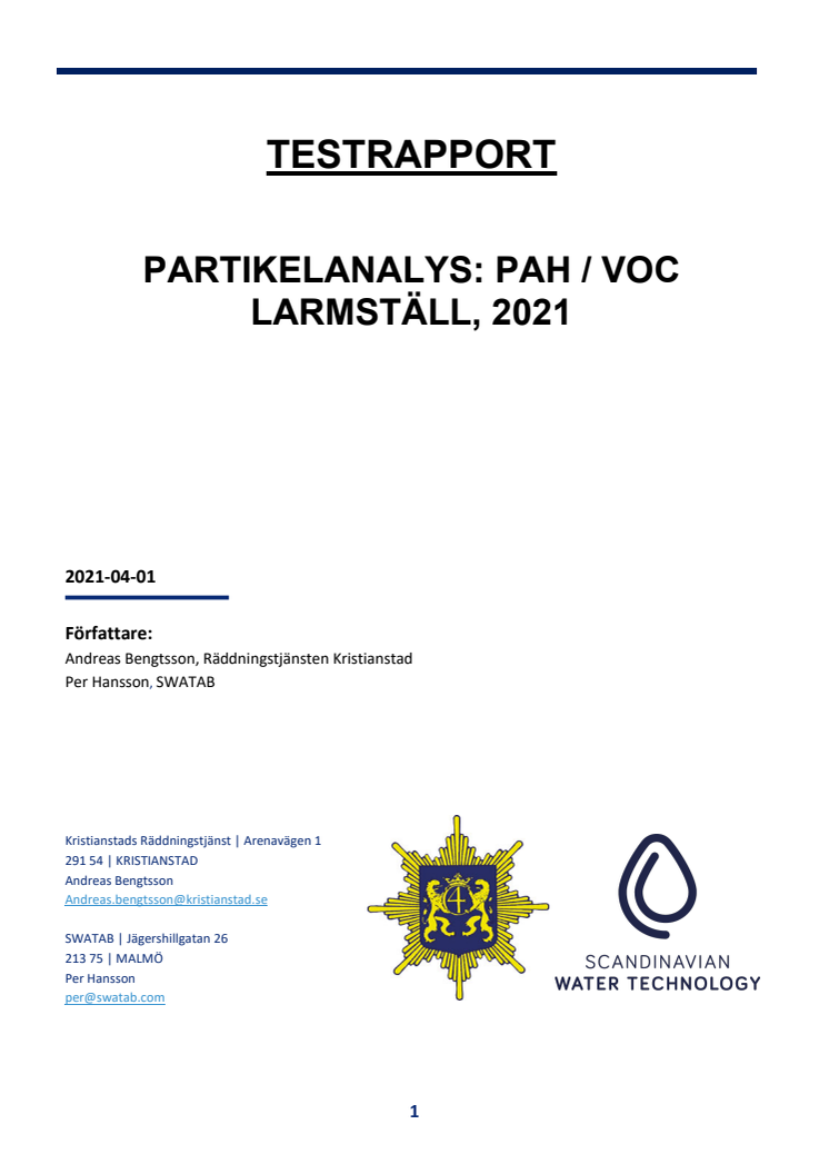 Testrapport - Partikelanalys PAH/VOC larmställ, 2021