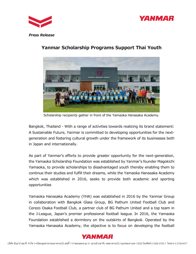 Yanmar Scholarship Programs Support Thai Youth
