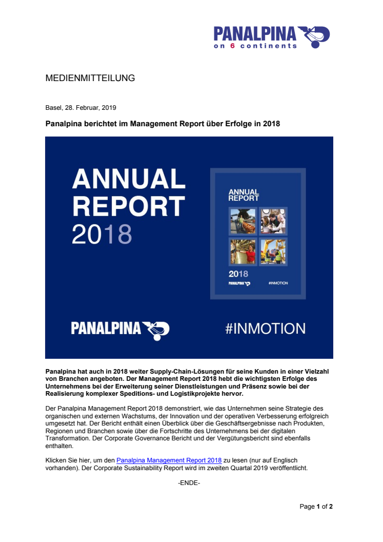 Panalpina berichtet im Management Report über Erfolge in 2018