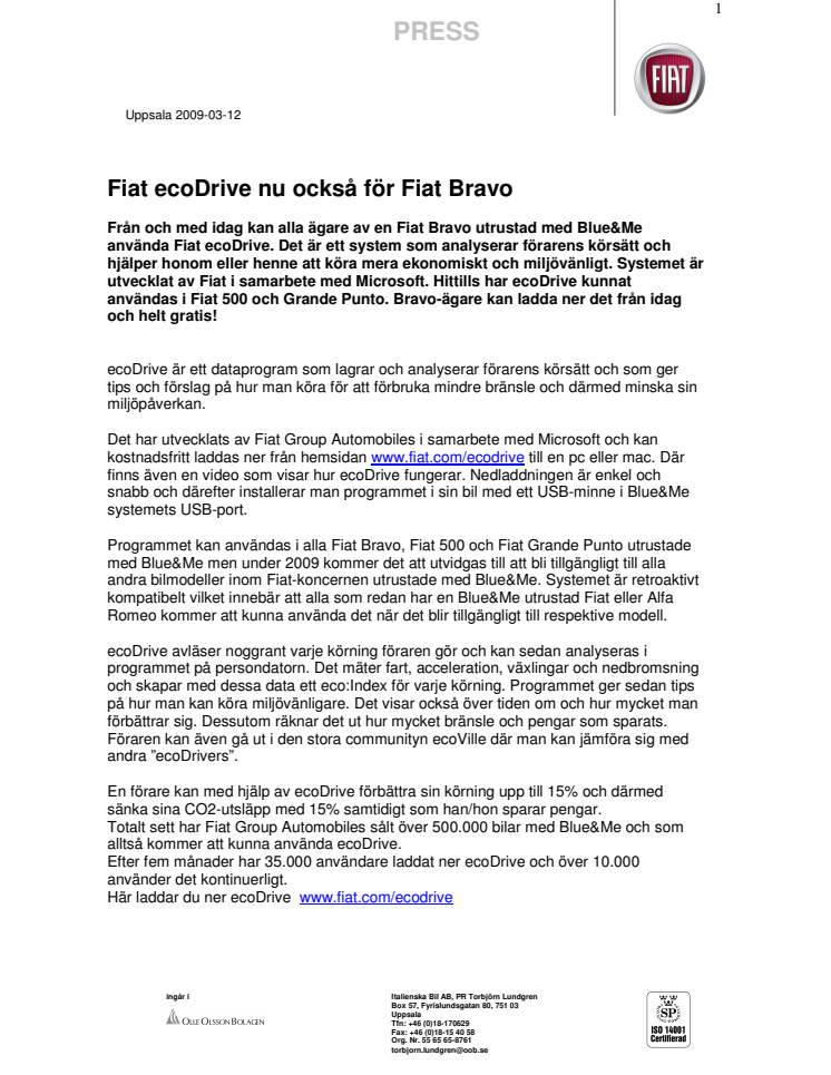 Fiat ecoDrive nu också för Fiat Bravo