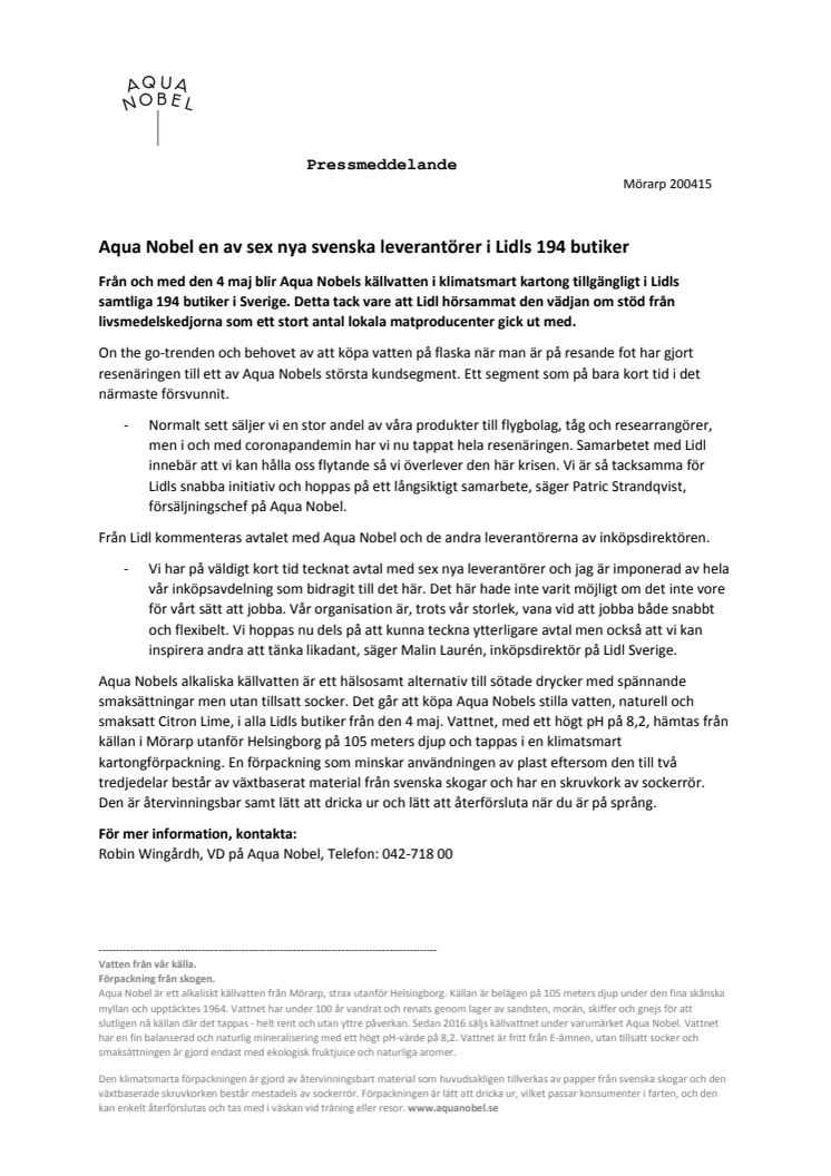 Aqua Nobel en av sex nya svenska leverantörer i Lidls 194 butiker 