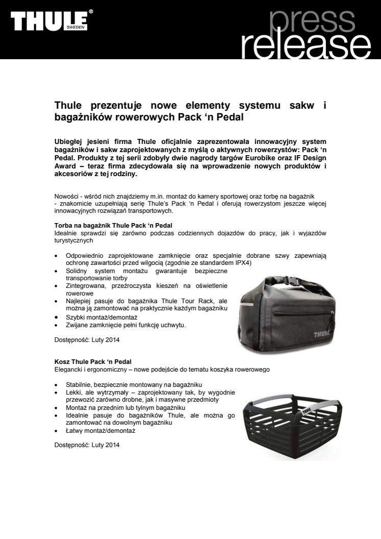 Thule prezentuje nowe elementy systemu sakw i bagażników rowerowych Pack ‘n Pedal