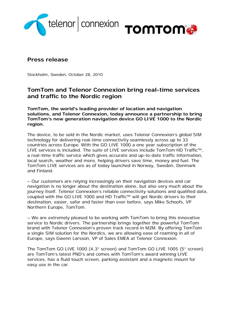 TomTom and Telenor Connexion bring real-time services and traffic to the Nordic region