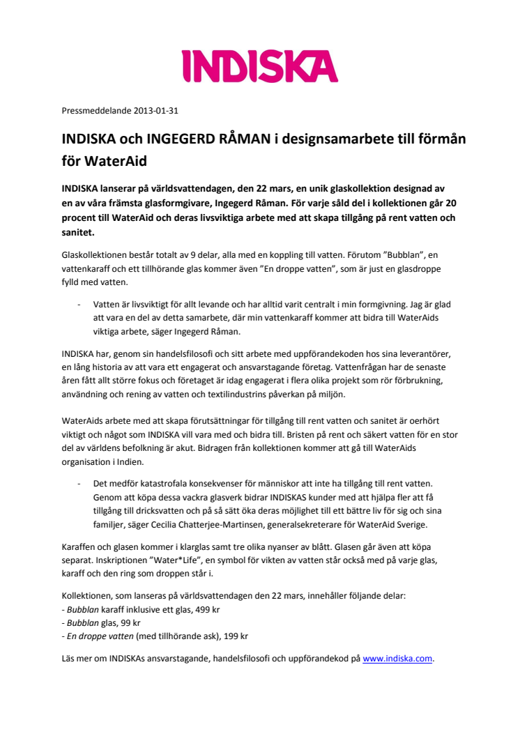 INDISKA och INGEGERD RÅMAN i designsamarbete till förmån för WaterAid