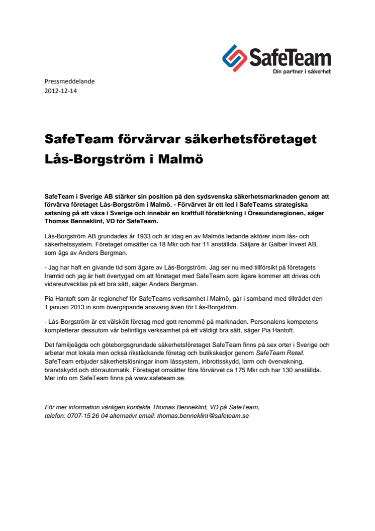 SafeTeam förvärvar Lås-Borgström i Malmö
