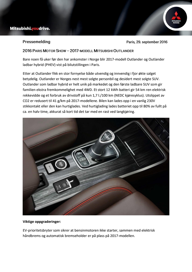 2016 Paris Motor Show – 2017-modell Mitsubishi Outlander
