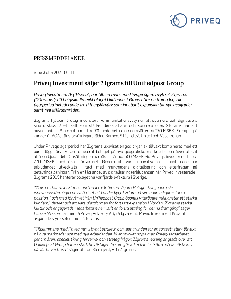 Priveq Investment säljer 21grams till Unifiedpost Group