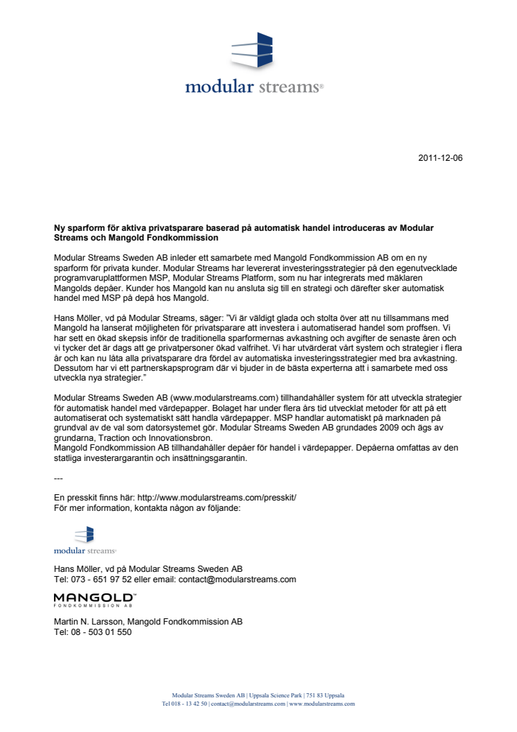 Ny sparform för aktiva privatsparare baserad på automatisk handel introduceras av Modular Streams och Mangold Fondkommission