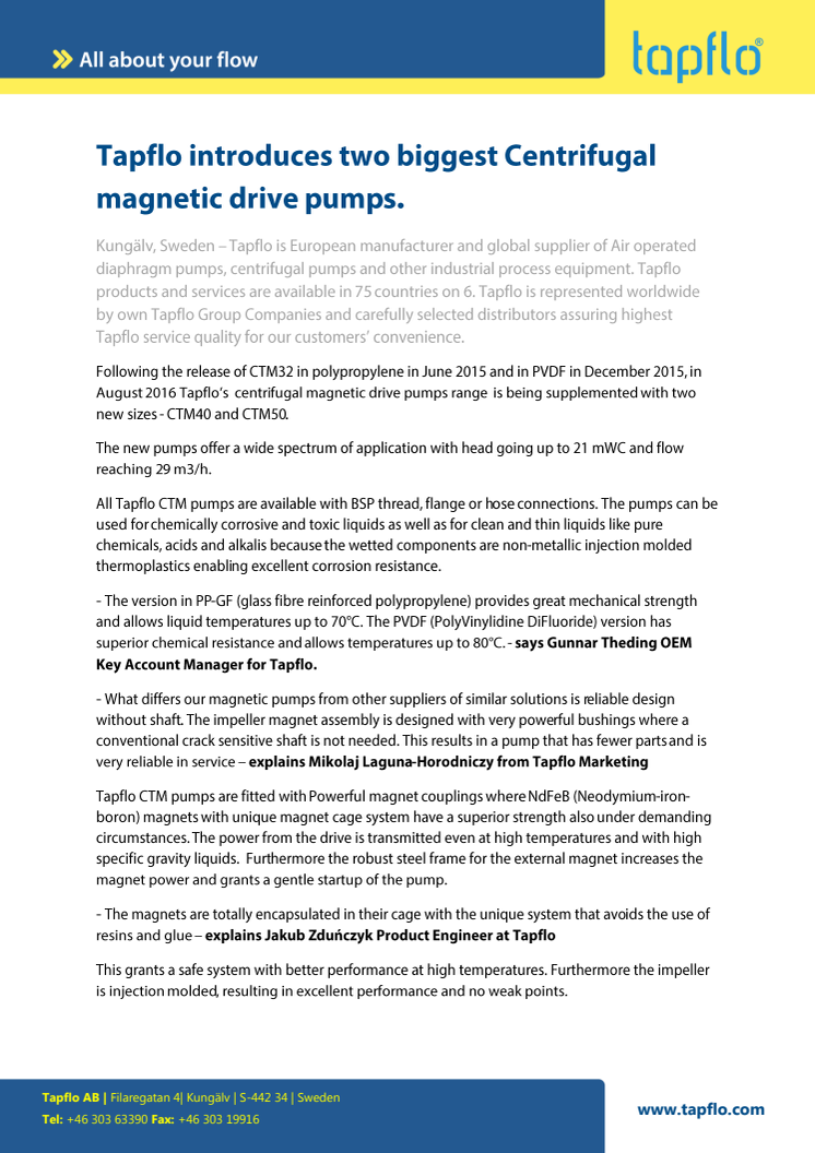 Tapflo introduces two biggest Centrifugal magnetic drive pumps.