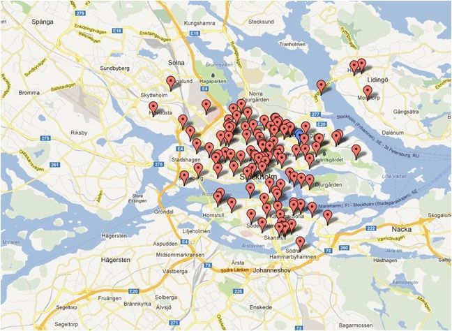 Karta över lånecykelställ i Stockholm våren 2013