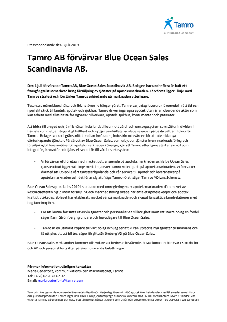 Tamro AB förvärvar Blue Ocean Sales Scandinavia AB
