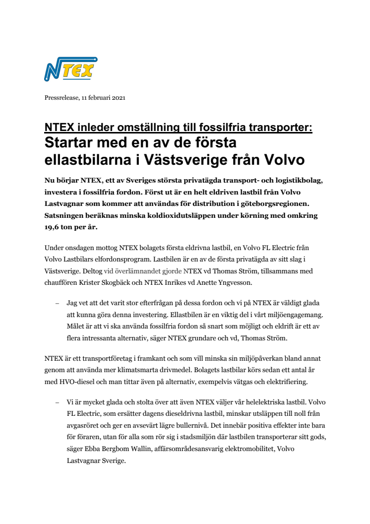 NTEX inleder omställning till fossilfria transporter: Startar med en av de första  ellastbilarna i Västsverige från Volvo 